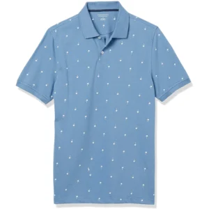 Amazon Essentials Men's Slim-Fit Cotton Pique Polo Shirt, Blue Palm Tree Print