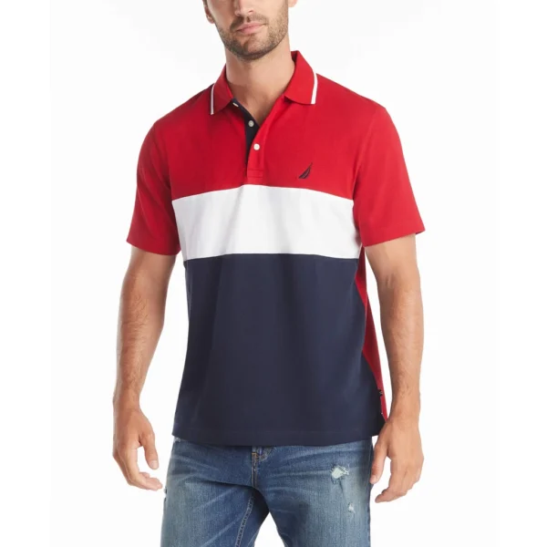 Nautica Men's Short Sleeve 100% Cotton Pique Color Block Polo Shirt, Nautica Red