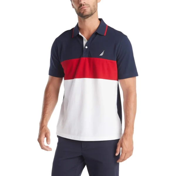 Nautica Men's Short Sleeve 100% Cotton Pique Color Block Polo Shirt, Navy