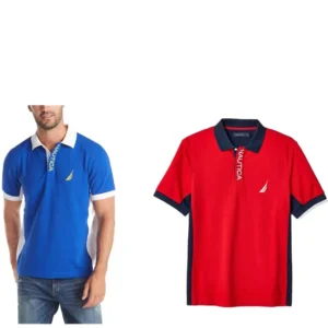 Nautica Men's Short Sleeve Color Block Performance Pique Polo Shirt, Bright Cobalt/Nautica Red (2 Pack)