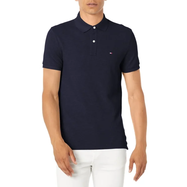 Tommy Hilfiger Men's Short Sleeve Cotton Pique Polo Shirt in Regular Fit, Navy Blazer Heather