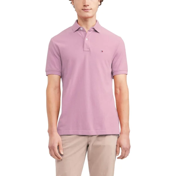 Tommy Hilfiger Men's Short Sleeve Cotton Pique Polo Shirt in Regular Fit, Pebble Pink